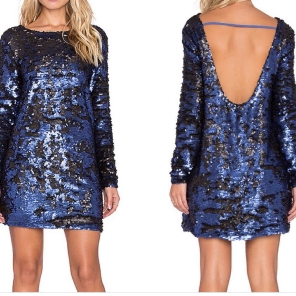 MinkPink Great Escape Dress L NWT Sequin Blue Black Open Back Cocktail Mini